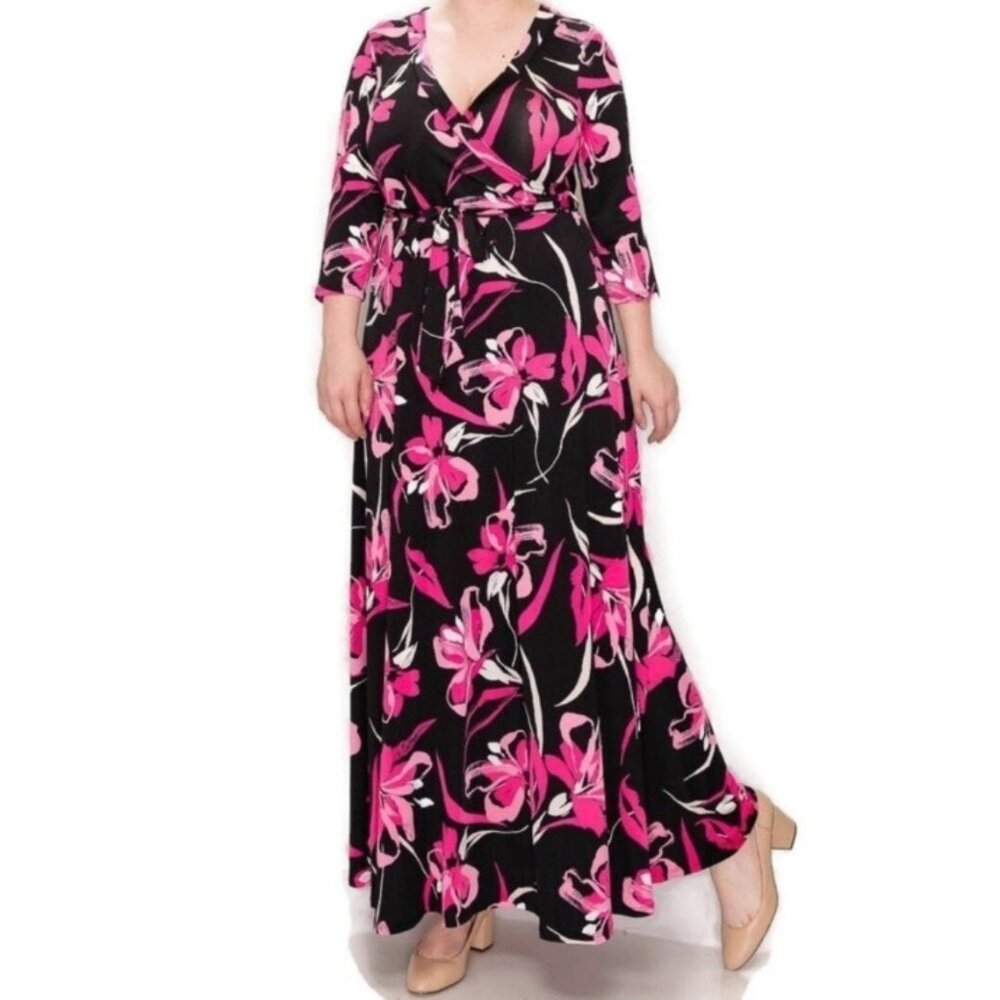 Janette Fashion Pink Ribbon Faux Wrap Maxi Plussize Dress